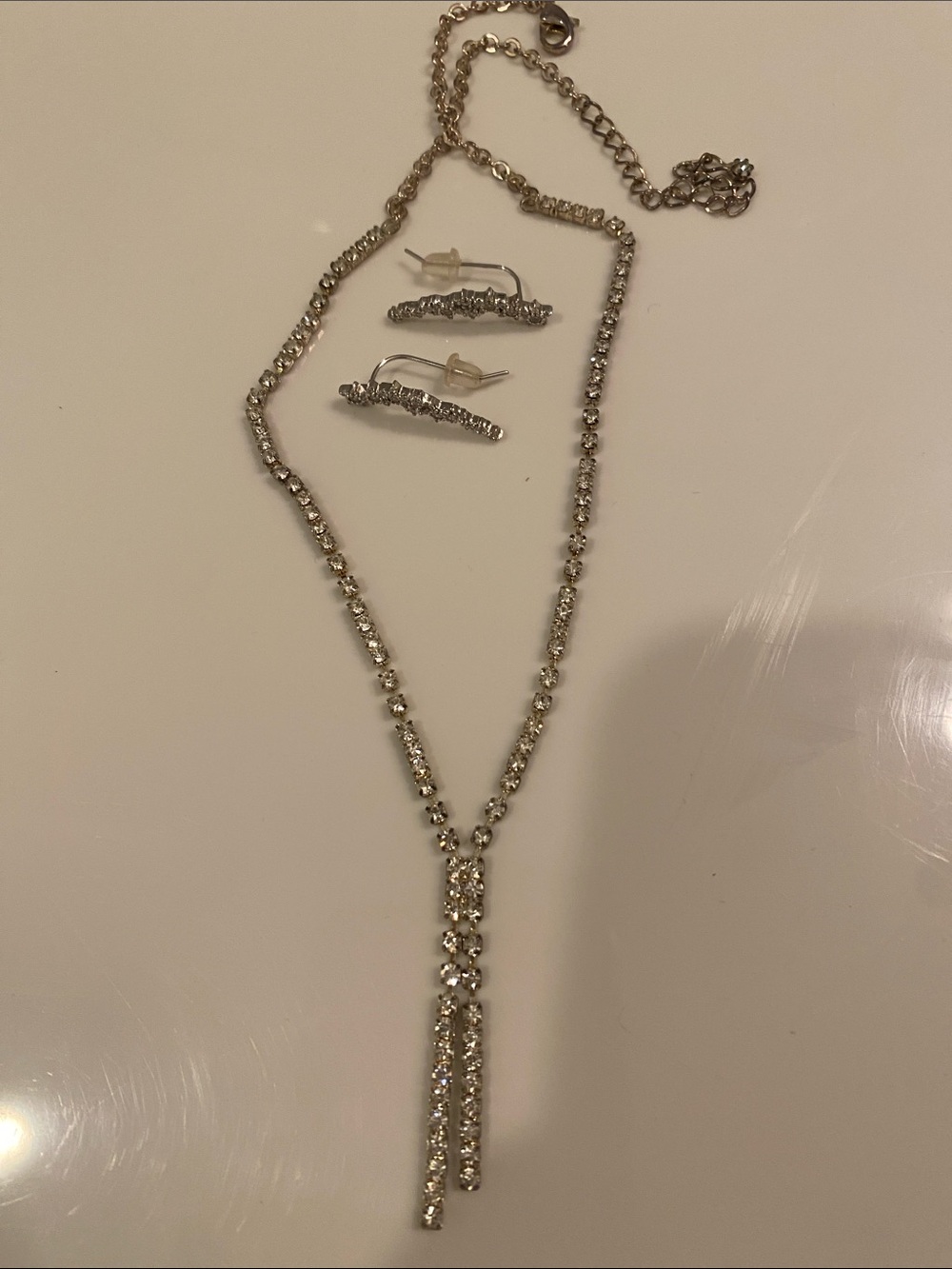 Silver Crystal Y-Drop Necklace and Matching Earrings Set